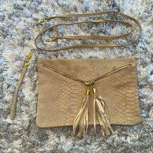Italian Leather reptile print clutch wristlet crossbody bag purse tan